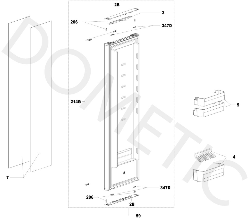 Vue éclaté des pièces détachées du frigo DOMETIC RML10.4G - section porte - camping-car et fourgon aménagé